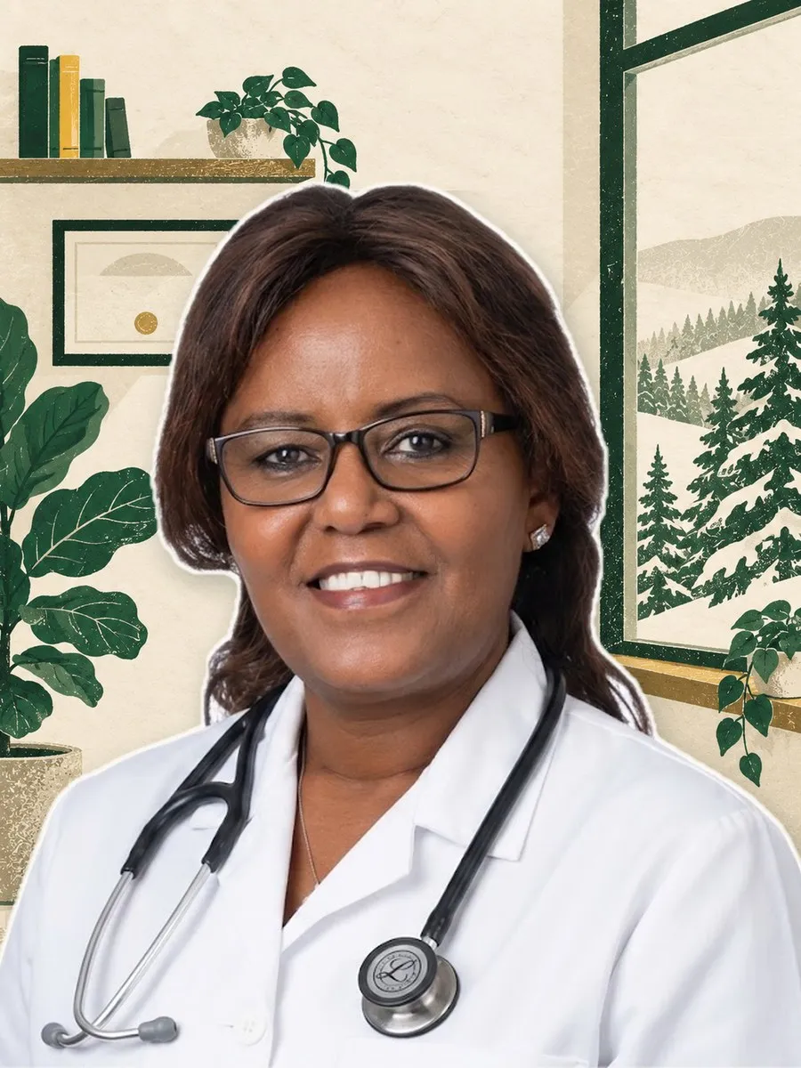 Dr. Yetmwork Berhanu, Founder, in a white coat