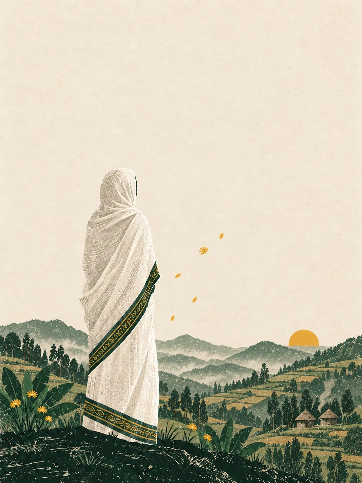 An illustration of a woman wrapped in a white netela, seen from behind, looking over the Ethiopian highlands