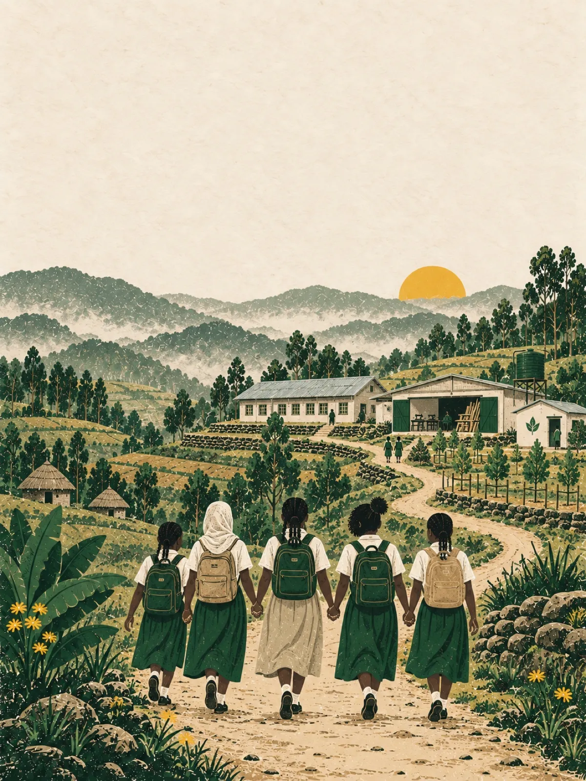 An illustration of schoolgirls walking up a highland path toward a school, skills workshop and wellness clinic